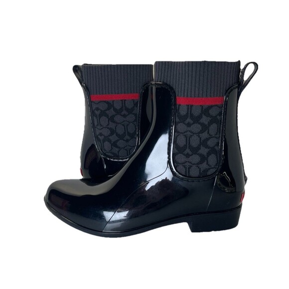 Coach Rivington Signature Logo Knit Black Pull-On Ankle Rain Boots Size 6 Bootie - Picture 4 of 12
